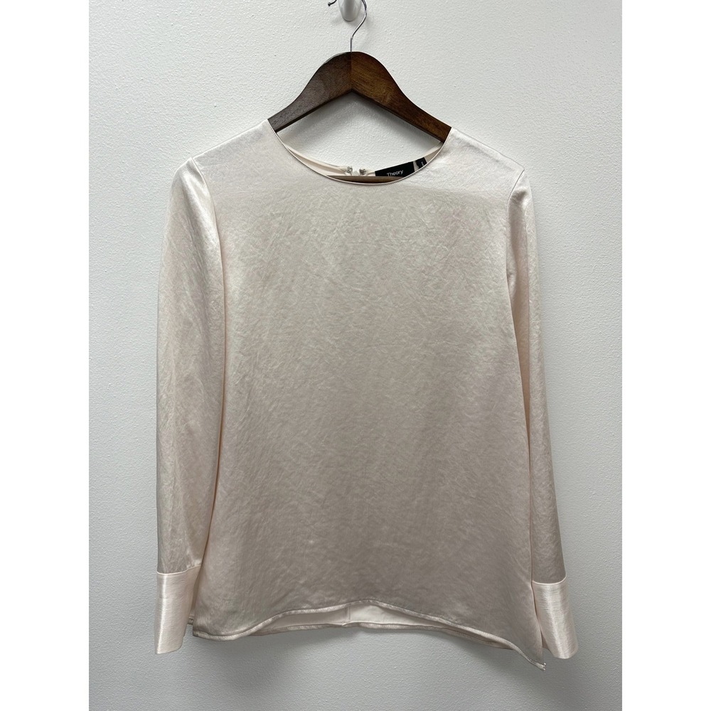 Theory Easy Cuffed Long Sleeve Minimalist Classic Blouse Emory Satin Cream M